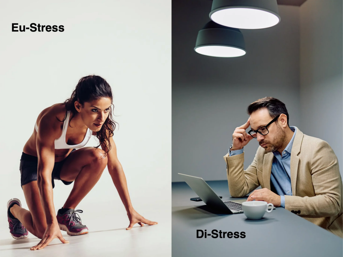 Collage aus zwei Bildern. Links eine Sprintläuferin am Start, rechts ein müde wirkender Mann am Schreibtisch vor seinem Laptop sitzend