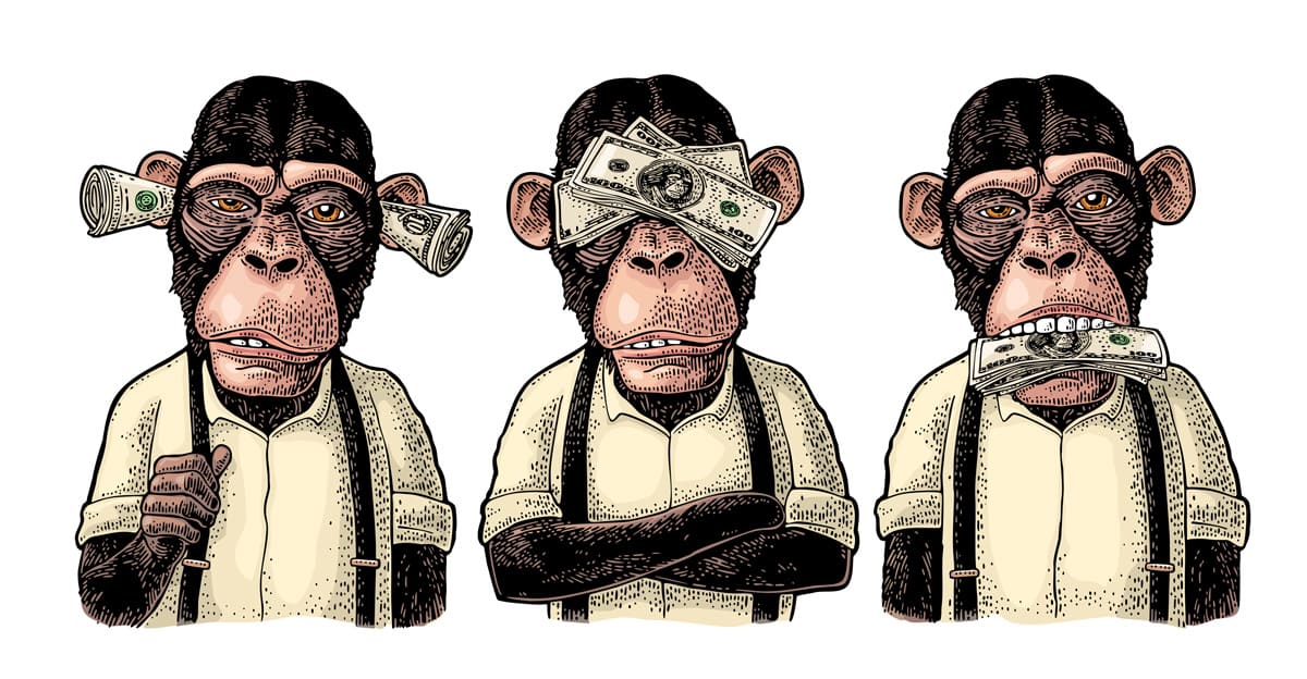 Feinde der Innovation: Drei weise Affen mit Geld in den Ohren, auf den Augen, im Mund - netzwerk managementberatung | coaching